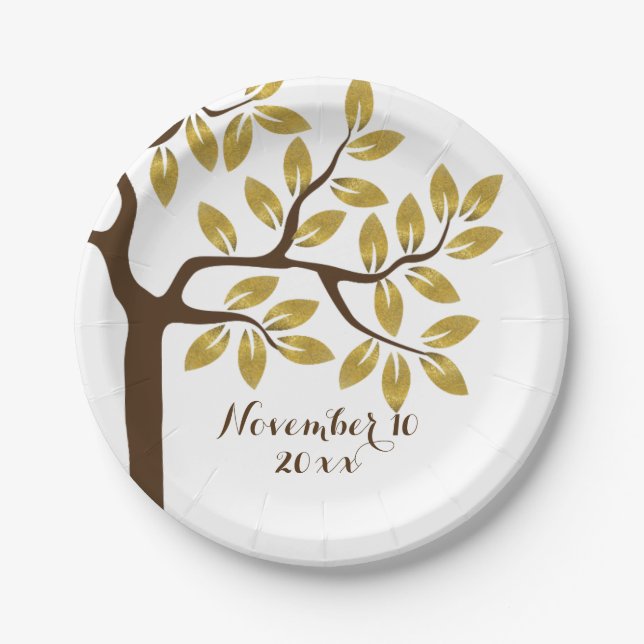 Elegant tree with gold foil leaves modern wedding paper plates (Front)