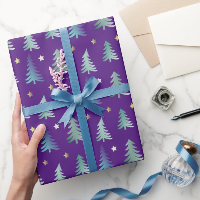 Elegant trees and delicate stars purple Christmas Wrapping Paper (Gifting)
