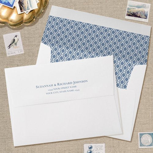 Elegant Trellis Pattern Return Address Dusty Blue Envelope