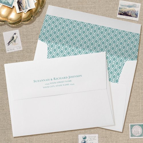 Elegant Trellis Return Address Geometric Sea Green Envelope