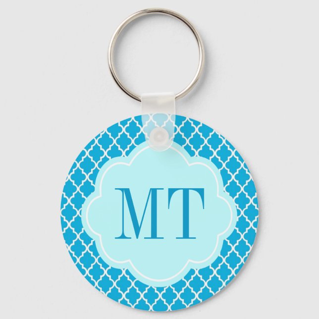 Elegant, trendy, aqua blue quatrefoil keychain (Front)