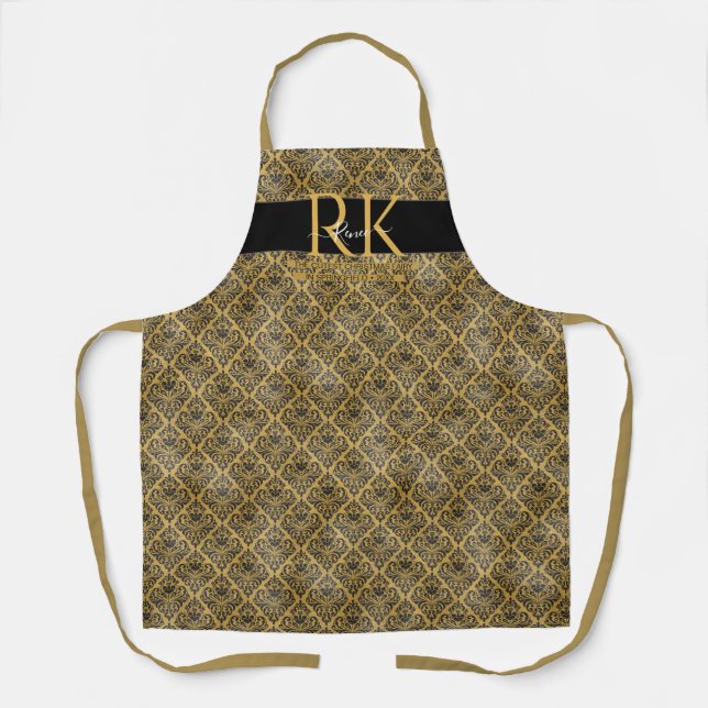 Elegant trendy Black and Gold glam custom Monogram Apron (Front)