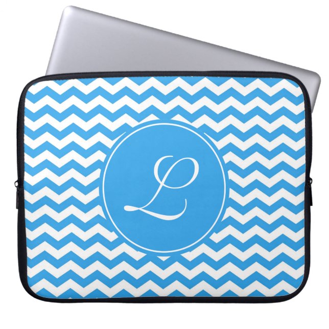 elegant, trendy, bright sky blue chevron monogram laptop sleeve (Front)