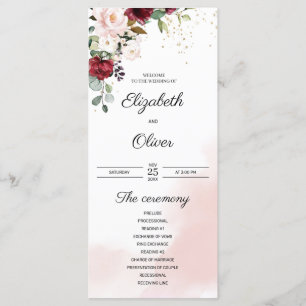 Elegant trendy burgundy deep red gold pink wedding program