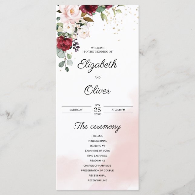 Elegant trendy burgundy deep red gold pink wedding program (Front)
