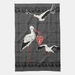 Elegant Trendy Charcoal Folk Stork 2026 Calendar Kitchen Towel