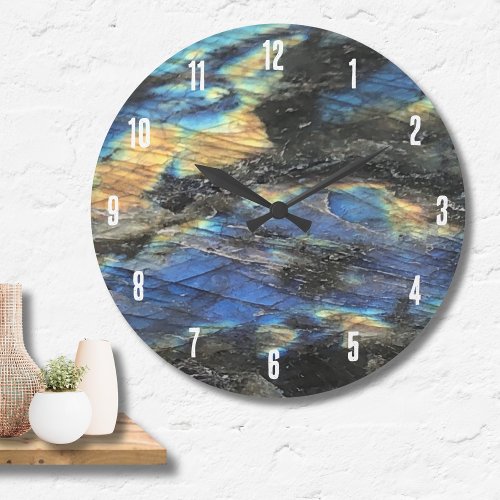 Elegant Trendy Chic Labradorite Crystal Stone Large Clock