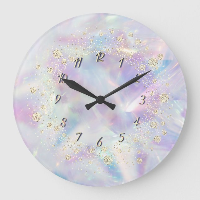 Elegant Trendy Confetti Rainbow Cool Holographic Large Clock (Front)