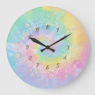 Elegant Trendy Confetti Rainbow Tie Dye Large Clock