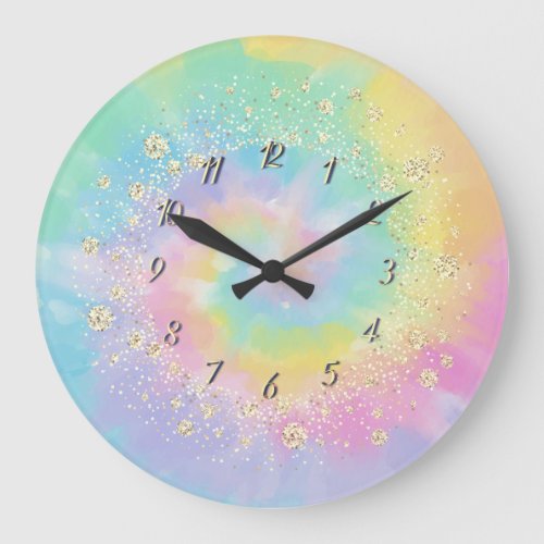 Elegant Trendy Confetti Rainbow Tie Dye Large Clock