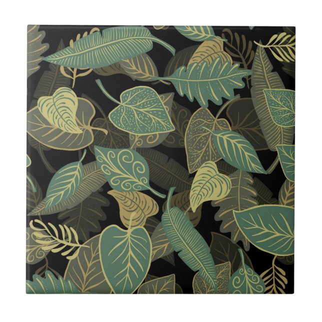 Elegant Trendy Fall Green Leaves Autumn Black Ceramic Tile (Front)