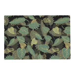Elegant Trendy Fall Green Leaves Autumn Black Placemat