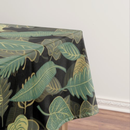 Elegant Trendy Fall Green Leaves Autumn Black Tablecloth