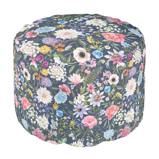 Elegant trendy garden Navy blue Floral pattern  Pouf (Angled Front)
