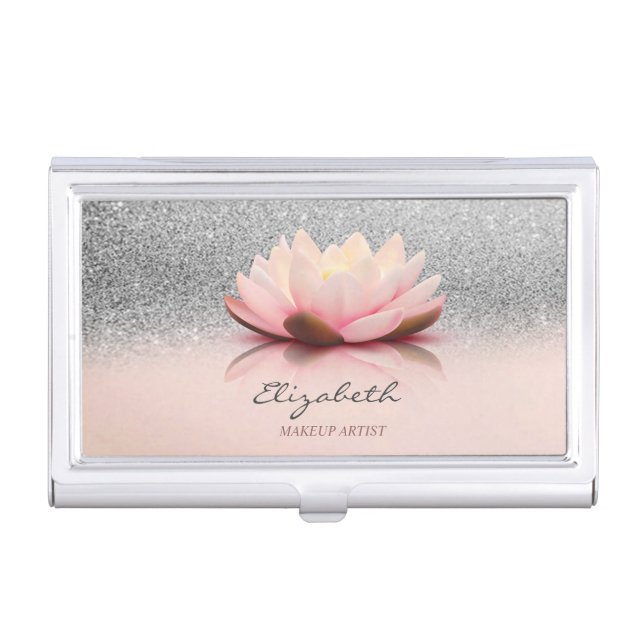 Elegant Trendy Girly, Lotus Silver Glitter Bokeh Business Card Case (Front)