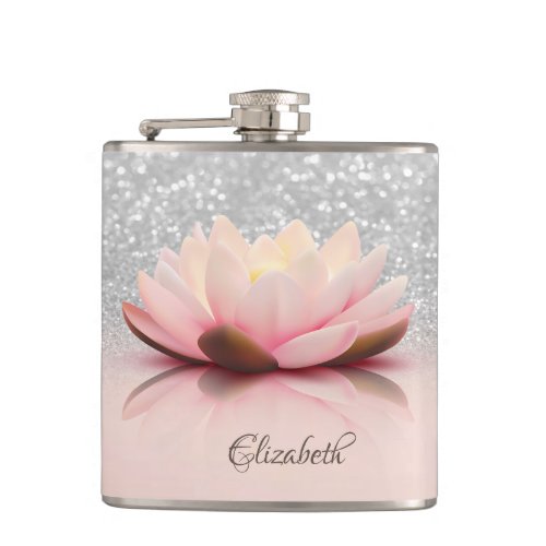 Elegant Trendy Girly Lotus Silver Glitter Bokeh Flask