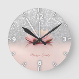 Elegant Trendy Girly, Lotus Silver Glitter Bokeh Round Clock