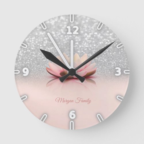 Elegant Trendy Girly Lotus Silver Glitter Bokeh Round Clock