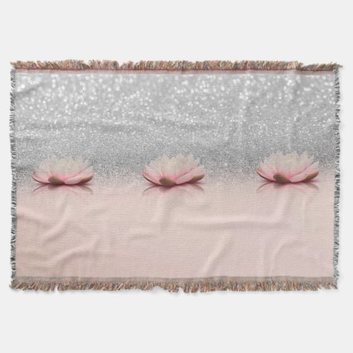 Elegant Trendy Girly Lotus Silver Glitter Bokeh Throw Blanket