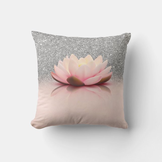 Elegant Trendy Girly, Lotus Silver Glitter Bokeh Throw Pillow (Front)