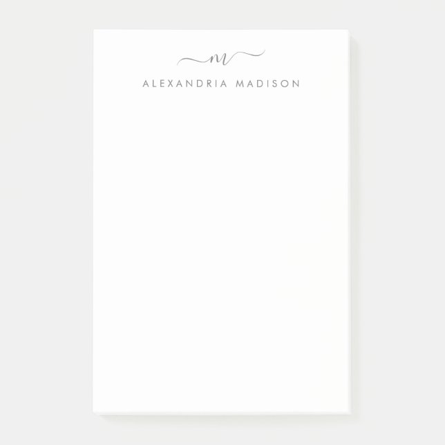 Elegant Trendy Girly Script Silver Gray Monogram Post-it Notes (Front)