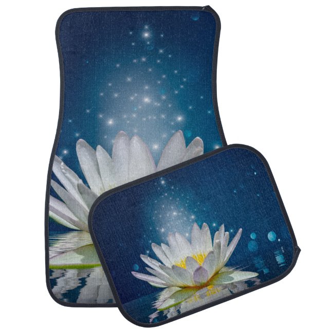 Elegant Trendy Girly,White Lotus  Blue Car Floor Mat (Set)