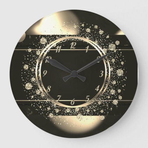 Elegant Trendy Gold Confetti Dotts Black Large Clock