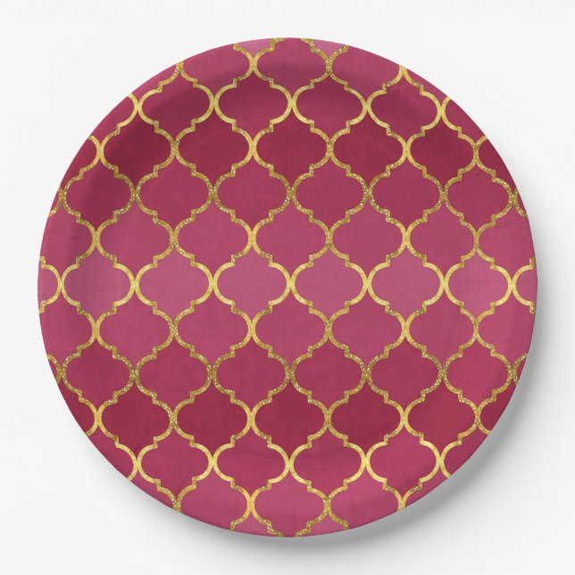 Elegant trendy gold faux glitter quatrefoil paper plates (Front)