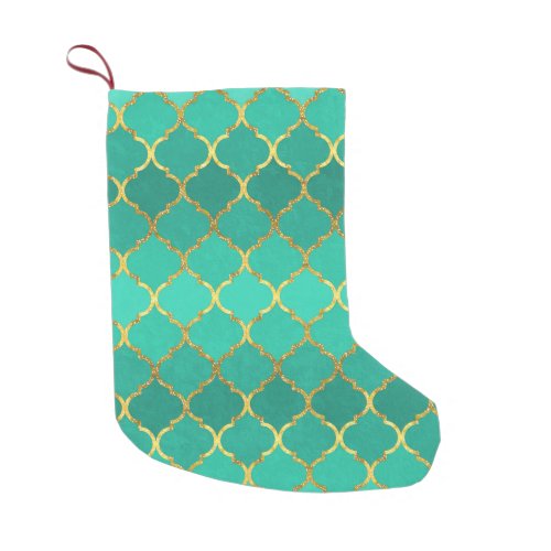 Elegant trendy gold faux glitter quatrefoil small christmas stocking