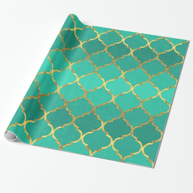 Elegant trendy gold faux glitter quatrefoil wrapping paper (Unrolled)