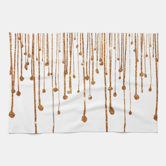 Elegant trendy gold faux glitter water drops kitchen towel (Horizontal)