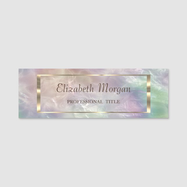 Elegant Trendy, Gold Frame Holographic Pearl Name Tag (Front)