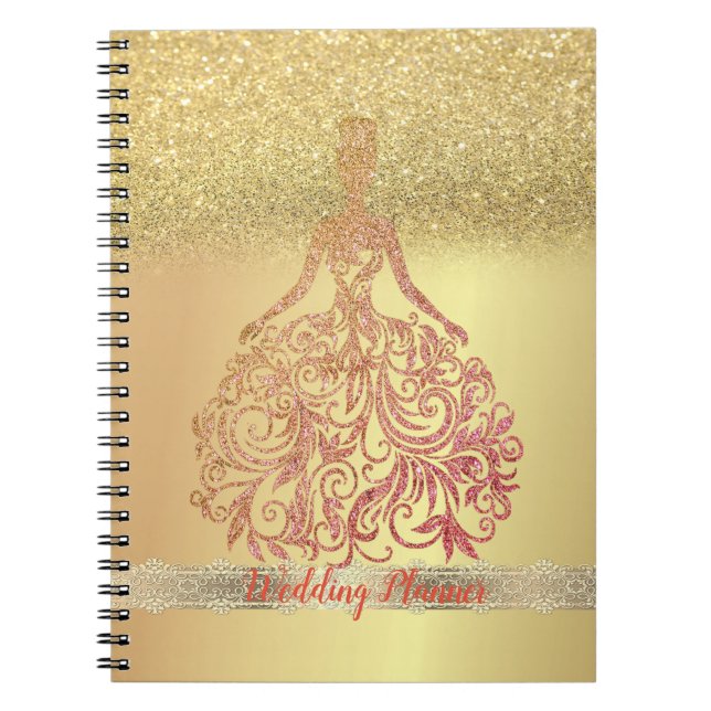 Elegant Trendy Gold Glitter Bokeh, Dress, Lace Notebook (Front)