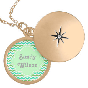 Elegant, trendy green chevron with name locket necklace