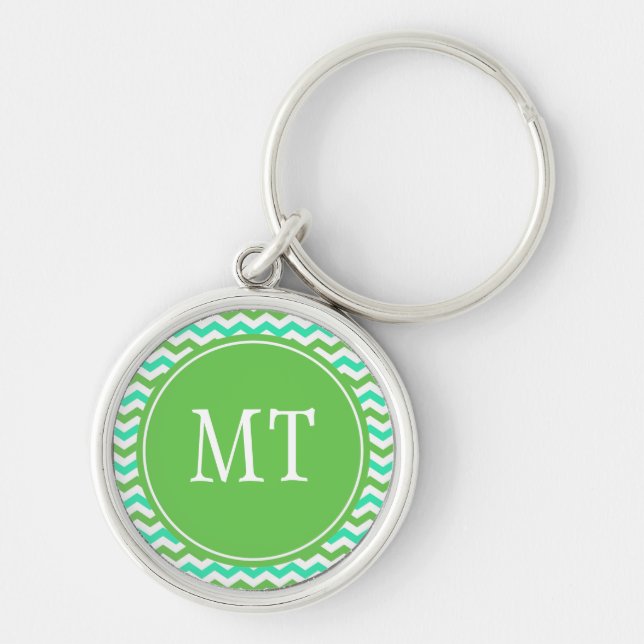 elegant, trendy green chevron zigzag  monogram keychain (Front)