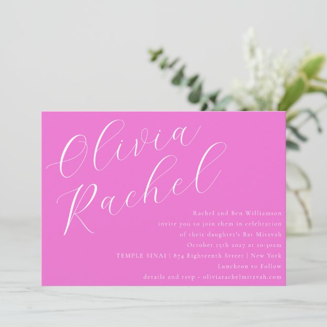 Elegant Trendy Hot Pink Script Minimal Bat Mitzvah Invitation (Standing Front)