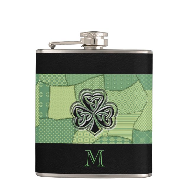 Elegant trendy lucky Irish shamrock patchwork Flask (Front)
