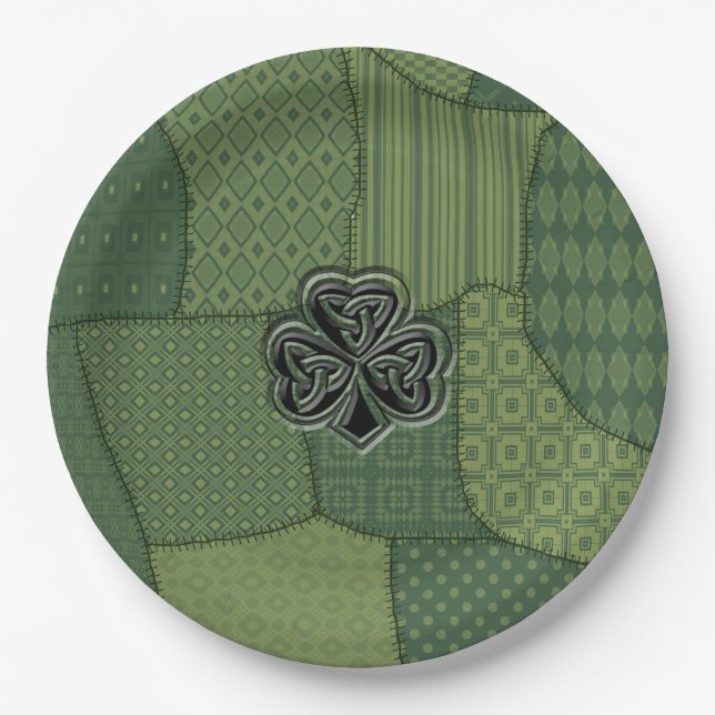 Elegant trendy lucky Irish shamrock patchwork Paper Plates (Front)