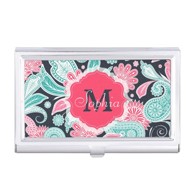 Elegant trendy paisley floral pattern illustration business card holder (Front)