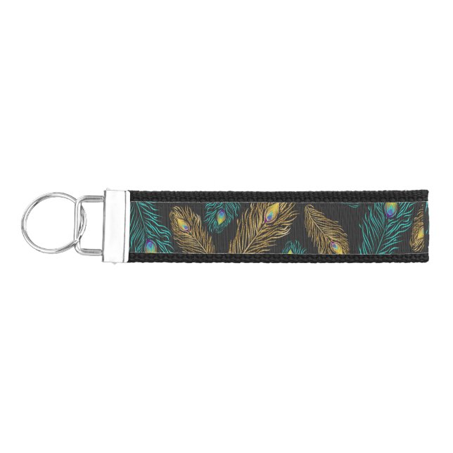 Elegant trendy peacock feathers pattern wrist keychain (Keys on Left)
