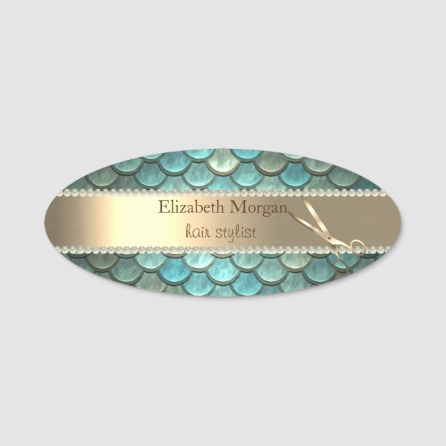 Elegant Trendy, Pearls, Gold Scissor Name Tag (Front)