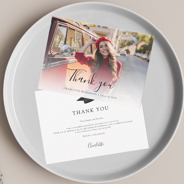 Elegant Trendy Photo Script Graduation 2025 Note Card (Graduation Script 2025 Photo Thank You Notecard)
