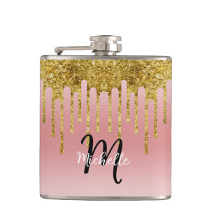 Elegant Trendy Pink Gold Glitter Monogram Initial Flask