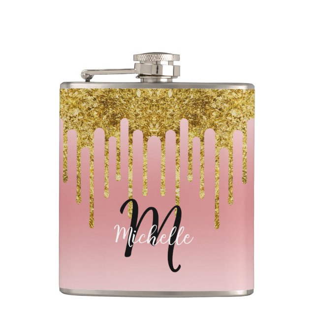 Elegant Trendy Pink Gold Glitter Monogram Initial Flask (Front)