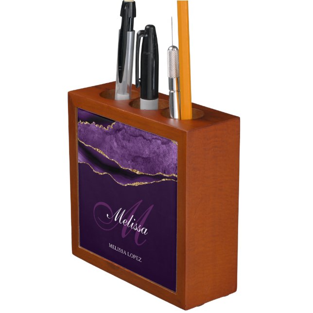 elegant trendy purple and gold agate desk organizer (In Situ)