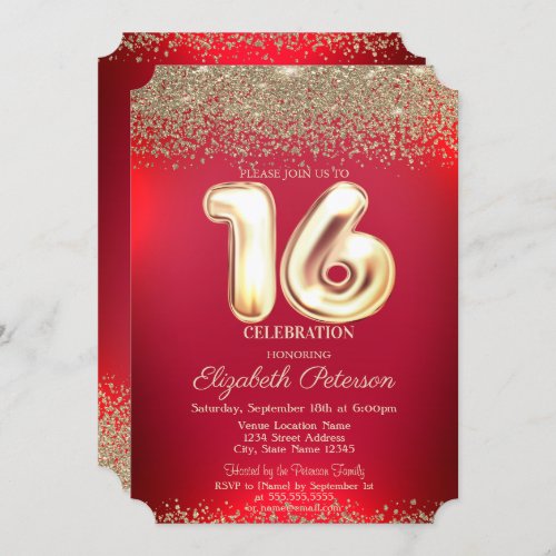 Elegant Trendy Red Gold Confetti Diamond Sweet 16 Invitation