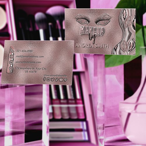 Elegant Trendy Rose Gold Lashes Lips Makeup Artist Business Card