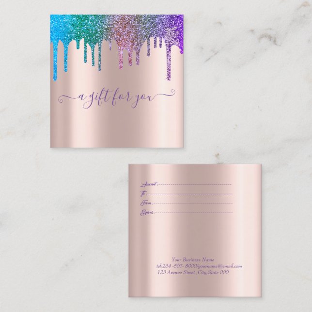 Elegant Trendy Rose Gold, Rainbow Glitter Drips Discount Card (Front/Back)