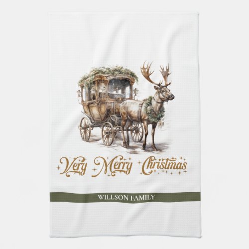 Elegant trendy rustic Christmas Reindeer sleigh Kitchen Towel