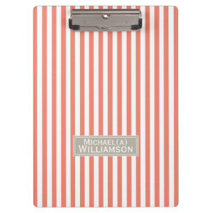 Elegant Trendy Salmon Coral Pink Hue White Striped Clipboard
